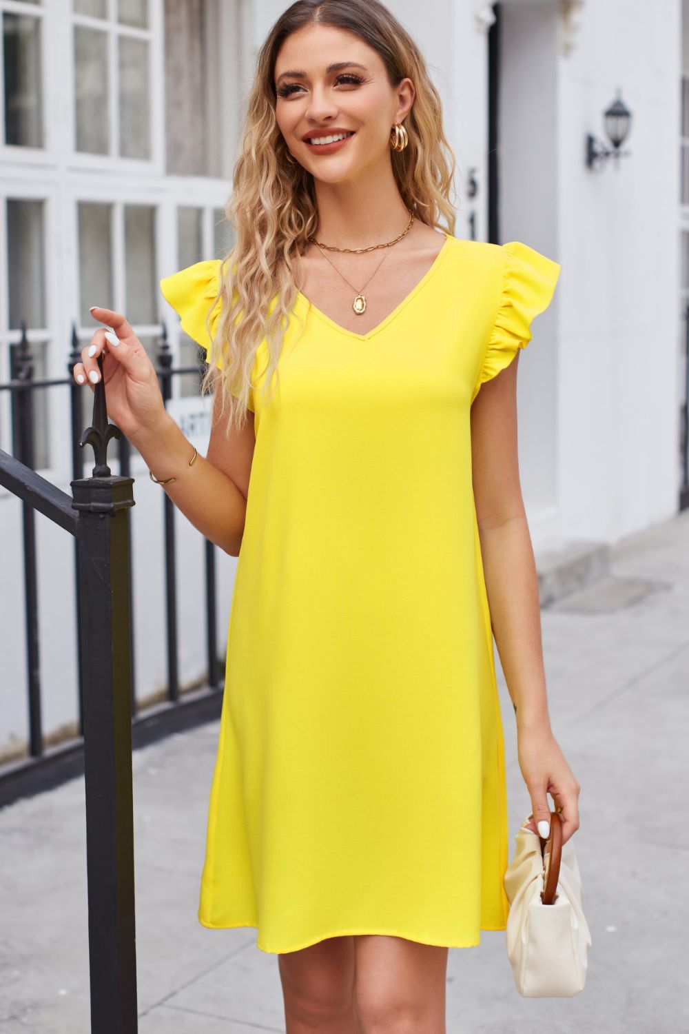 Full Size Ruffled V-Neck Flutter Sleeve Dress