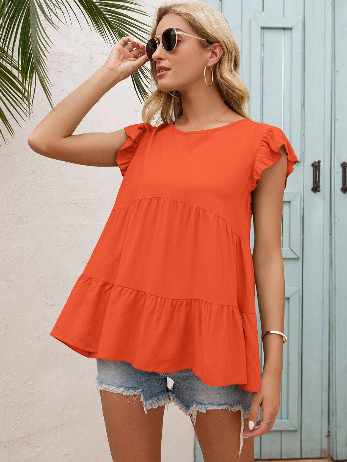 Women's Round Neck Flutter Sleeve Tiered Blouse