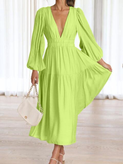 Cora Lea Deep V-Neck Balloon Sleeve Plain Maxi Dress