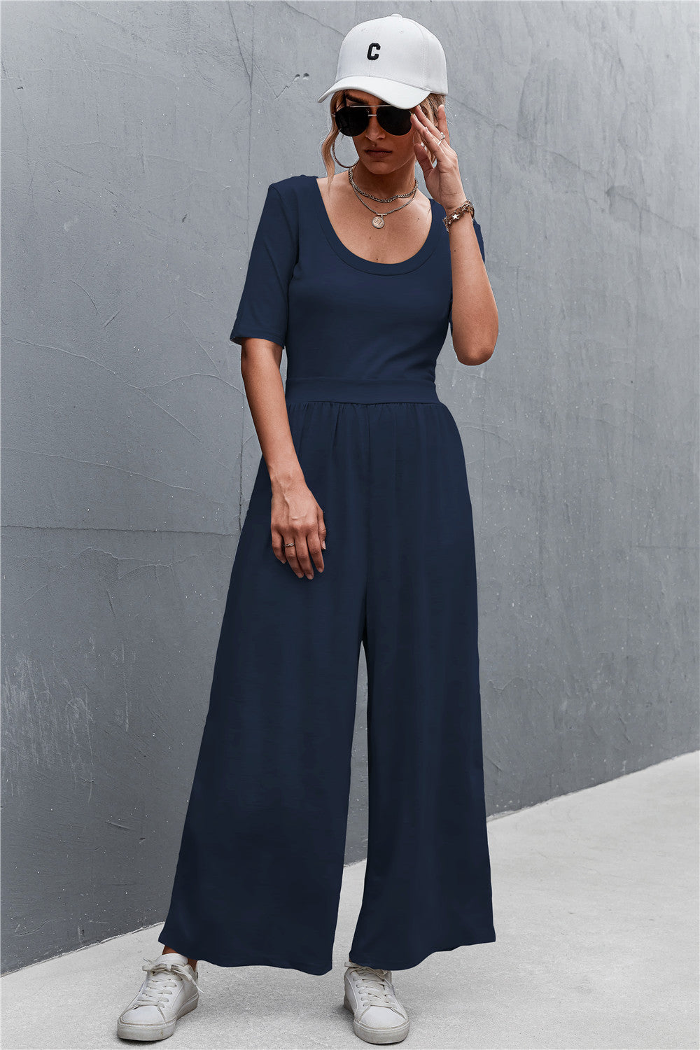 Women's Scoop Neck Half Sleeve Wide Leg Jumpsuit