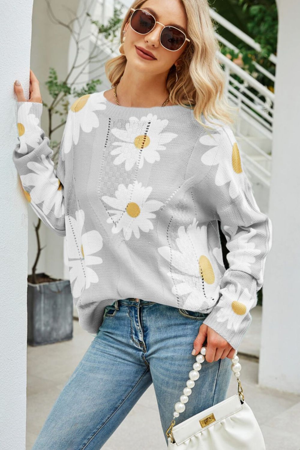 Women's Daisy Print Openwork Round Neck Sweater