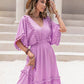 Tassel Trim Smocked V-Neck Short Sleeve Dress