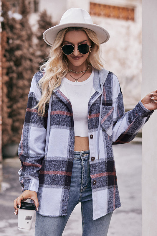 Full Size Plaid Dropped Shoulder Hooded Jacket