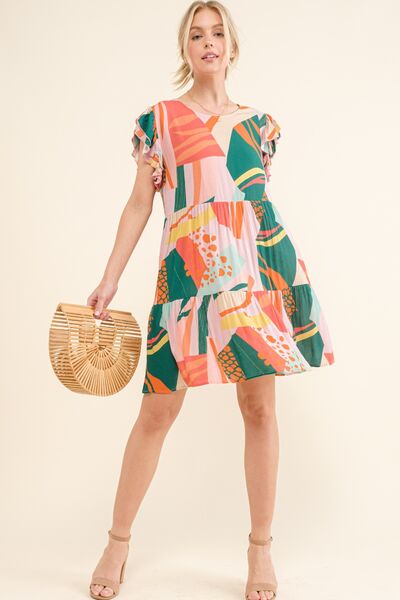 And The Why Printed Double Ruffle Sleeve Dress *