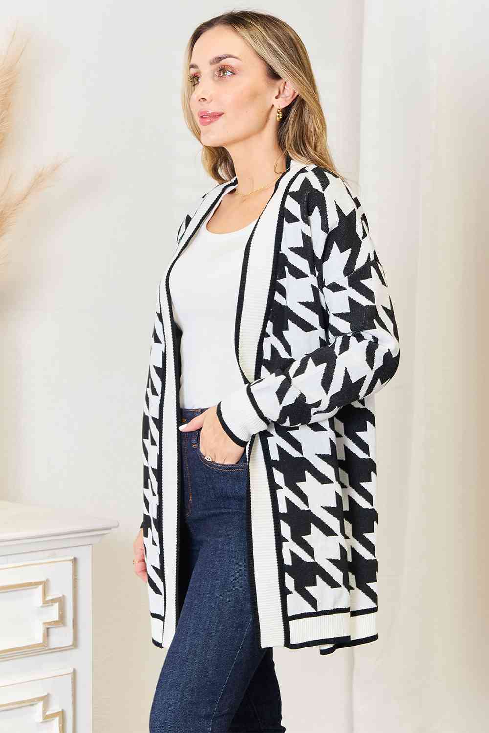 Woven Right Houndstooth Open Front Longline Cardigan *