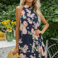 Women's Floral Navy Blue Tied Sleeveless Grecian Neck Mini Dress