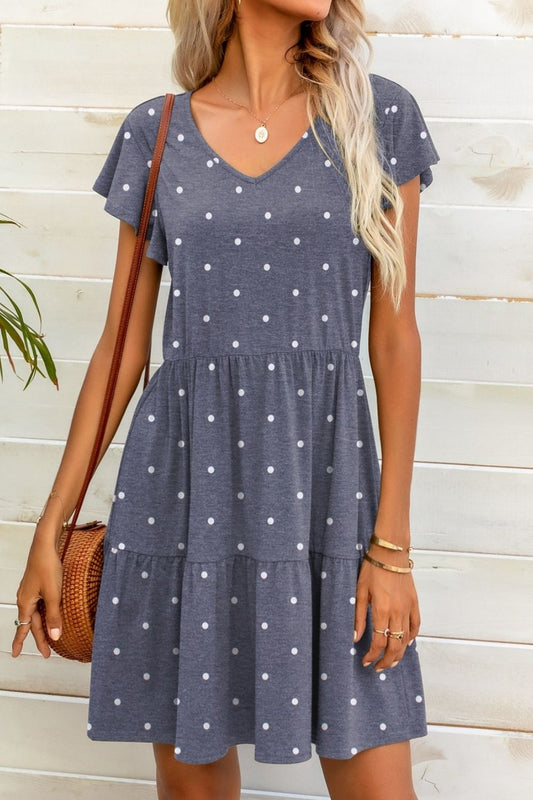 Full Size Polka Dot V-Neck Flutter Sleeve Mini Dress