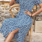 Blue Full Size Floral Round Neck Split Midi Dress