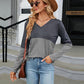 Full Size V-Neck Long Sleeve Two-Tone T-Shirt