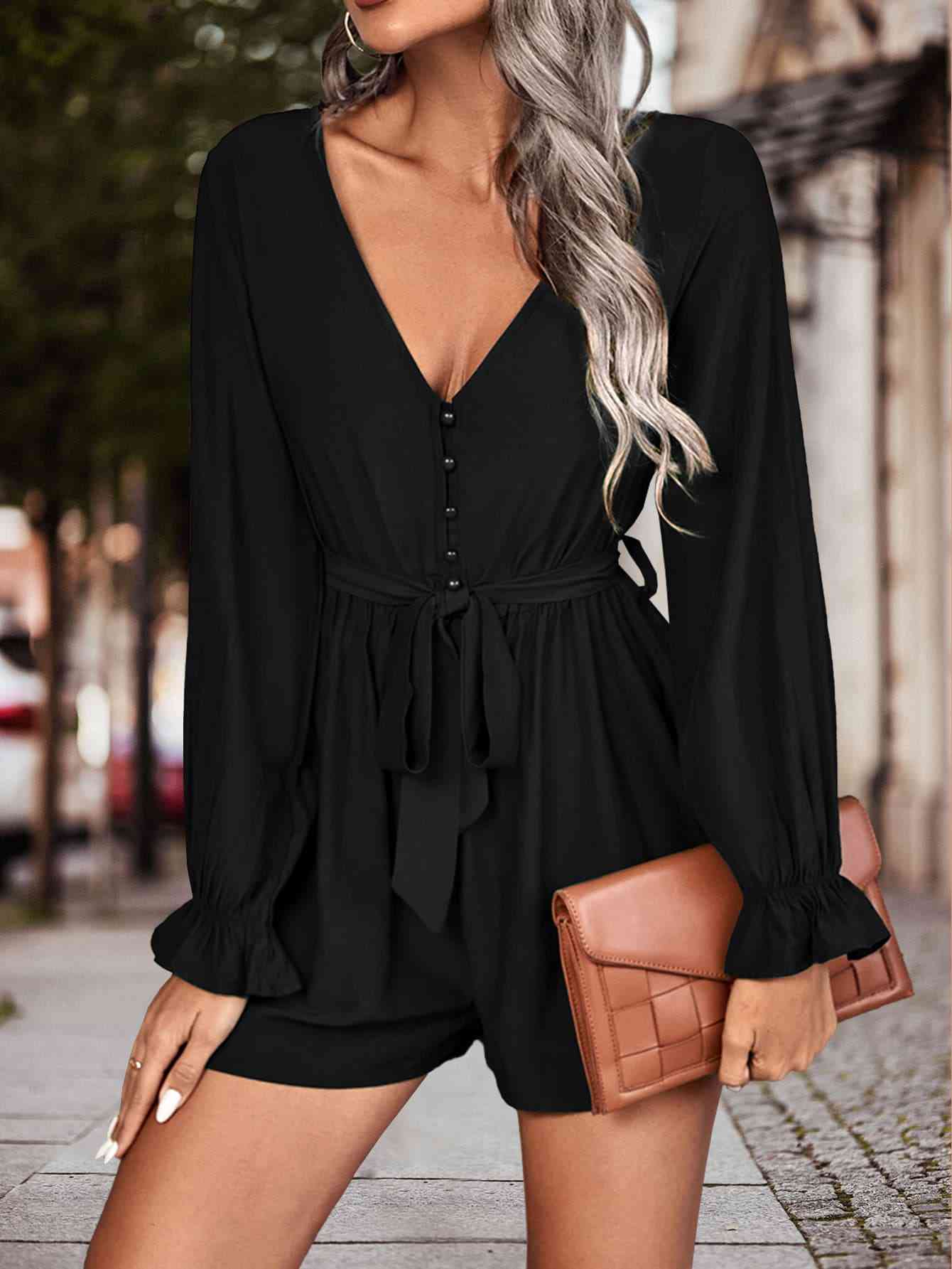 BodatiousJumpers Long Flounce Sleeve V-Neck Romper