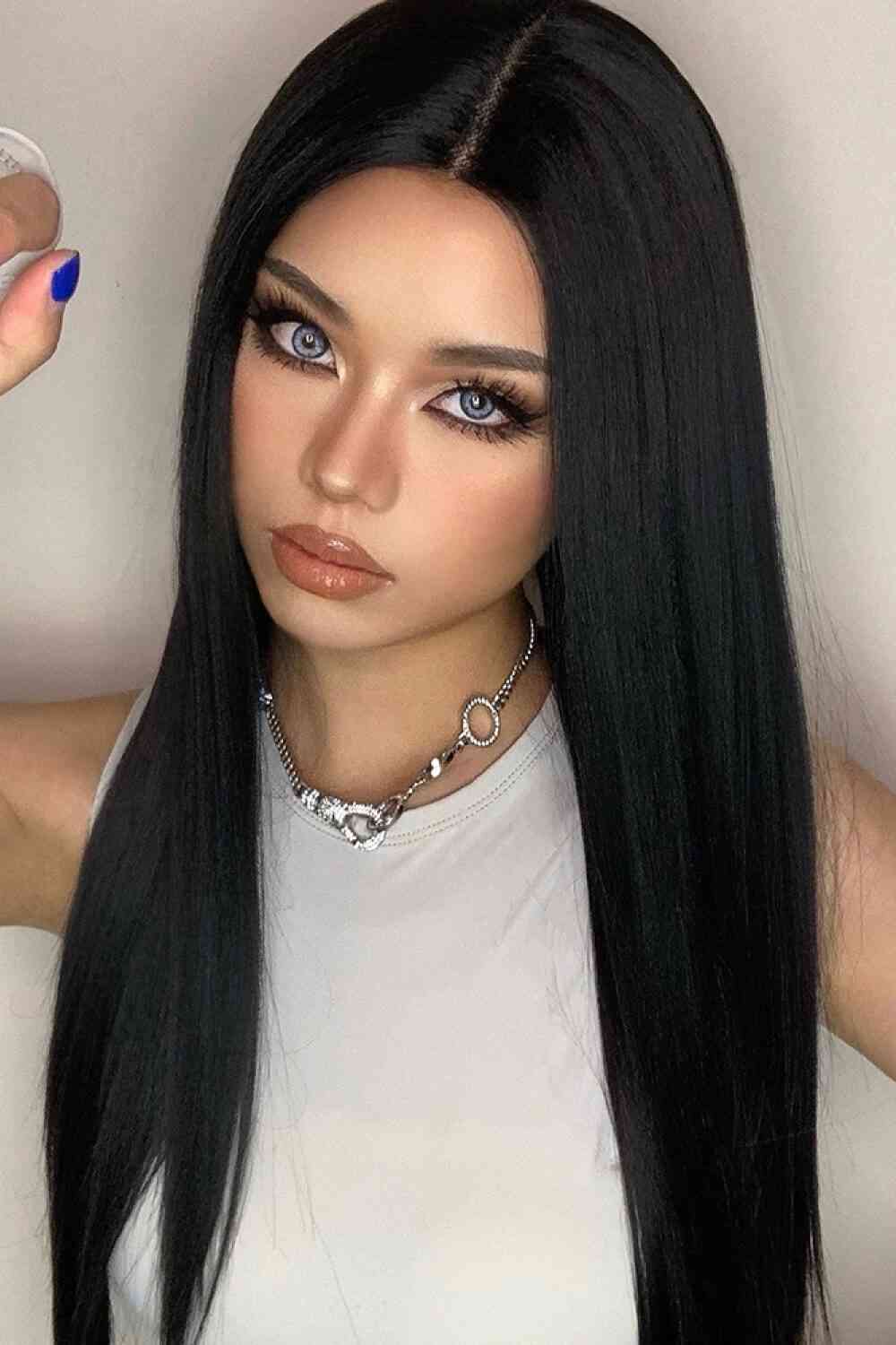 EMMOR 13*2" Long Lace Front Straight Synthetic Black Wigs 26" Long 150% Density (Cap Included)