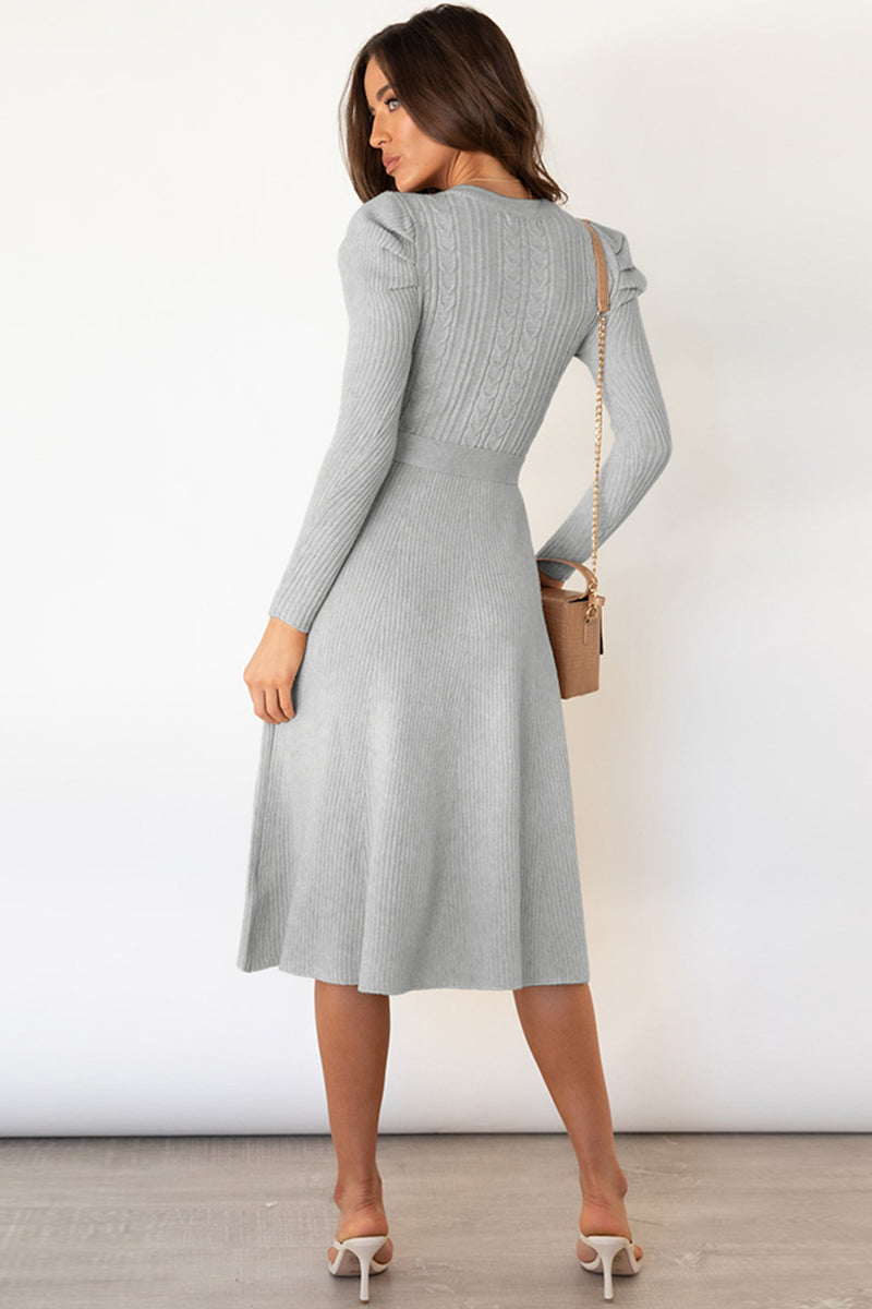 Full Size Round Neck Long Sleeve Tie Waist Sweater Dress