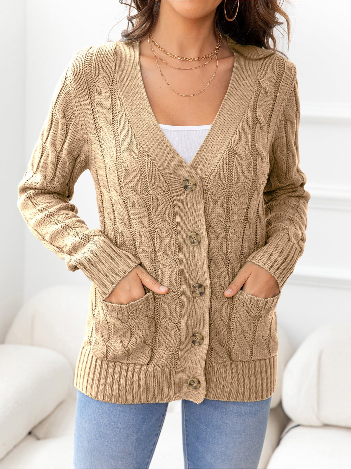 SavannahTree Button Down Cable-Knit Cardigan