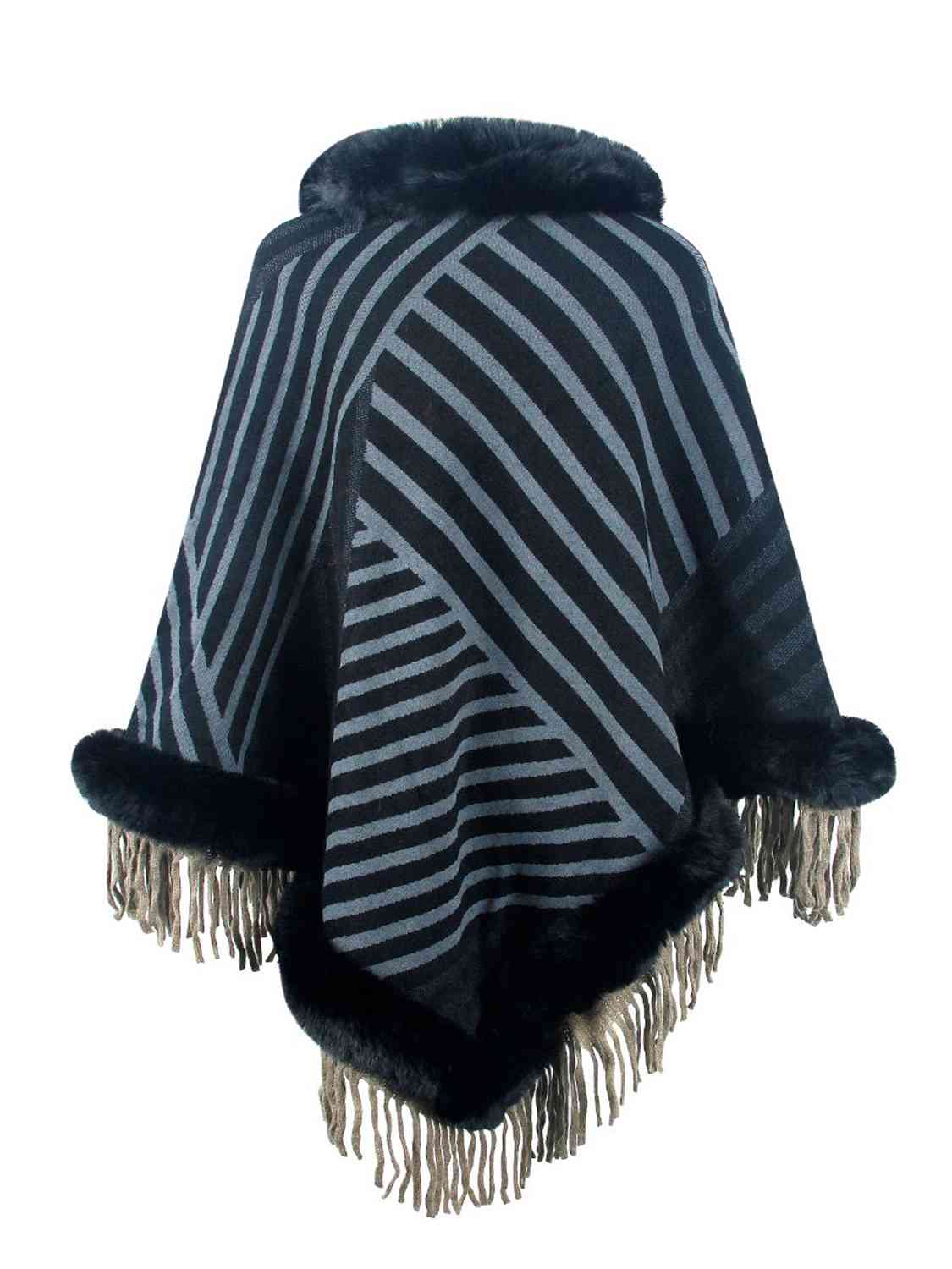 Contrasting Beauty One Size Striped Fringe Hem Poncho