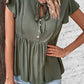 Women's Buttoned Tie Neck Flutter Sleeve Babydoll Top