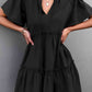 Women's Black Frill Trim Smocked Tie Neck Dress