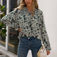 Printed Tie Neck Frill Trim Flounce Sleeve Blouse