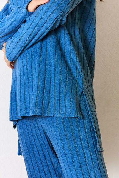 Basic Bae Full Size Ribbed Round Neck High-Low Slit Top and Pants Set *