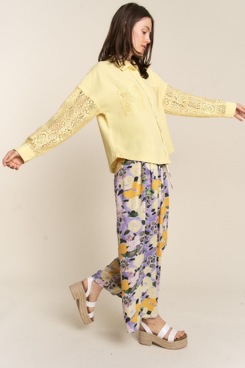 J.NNA Button Down Lace Long Sleeve Waffle Shirt *