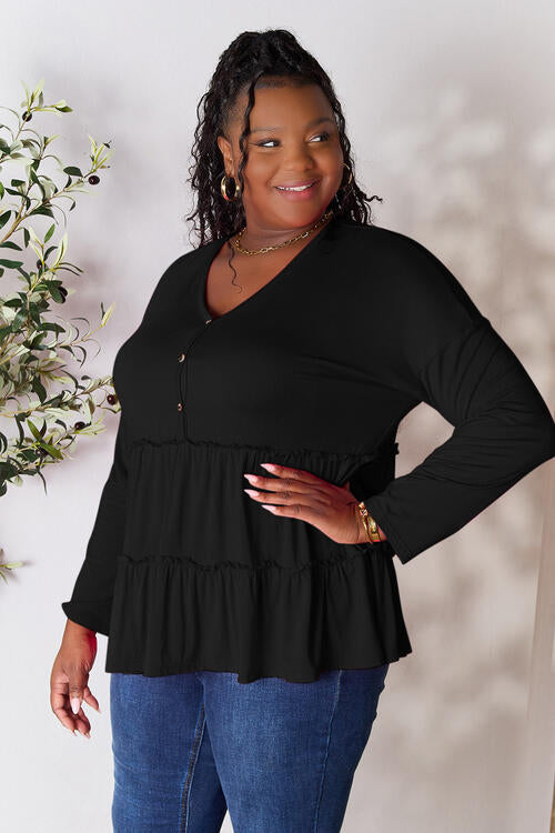 Double Take Half Button Long Sleeve Ruffle Hem Blouse *