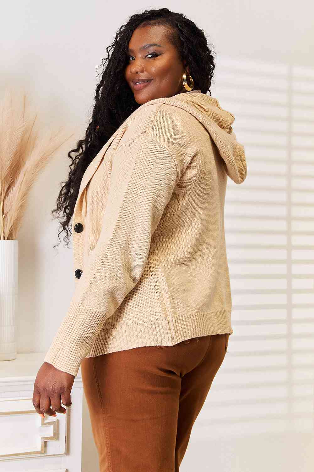 Woven Right Button-Down Long Sleeve Hooded Sweater *