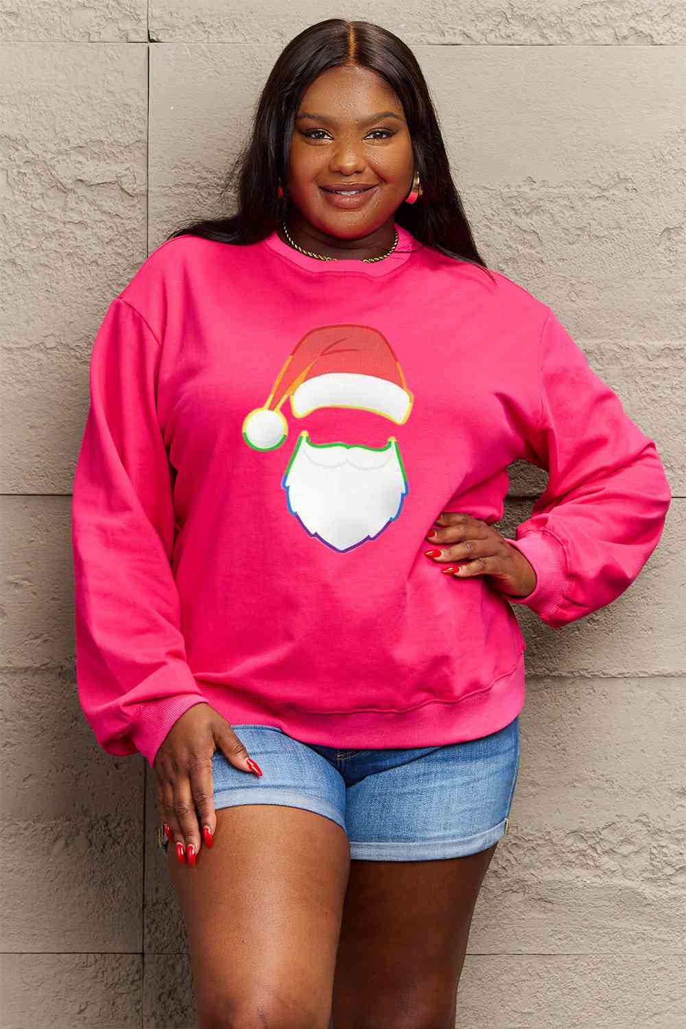 Simply Love Full Size Rainbow Christmas Santa Graphic Round Neck Sweatshirt