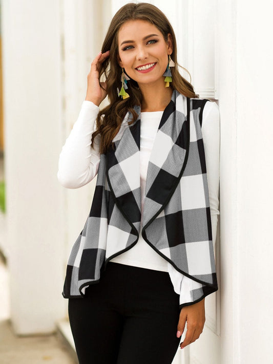 LakenLea Full Size Plaid Open Front Sleeveless Cardigan