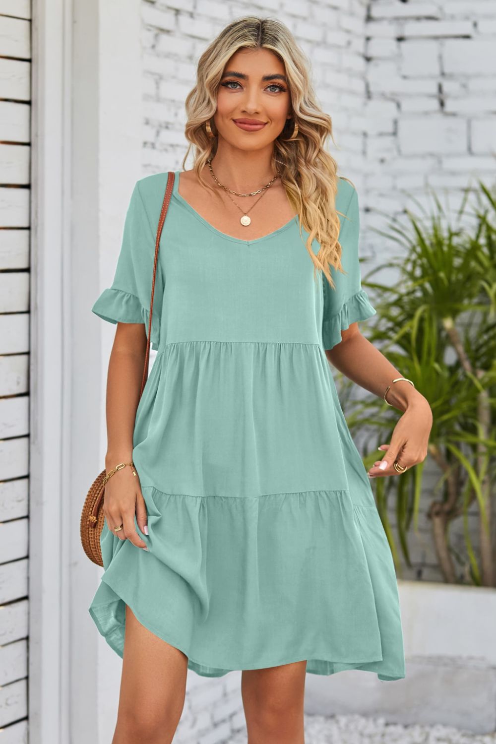 SO BOHO Full Size V-Neck Flounce Sleeve Tiered Dress