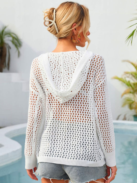 Women's Flower Graphic Lace-Up Openwork Hooded Cover Up