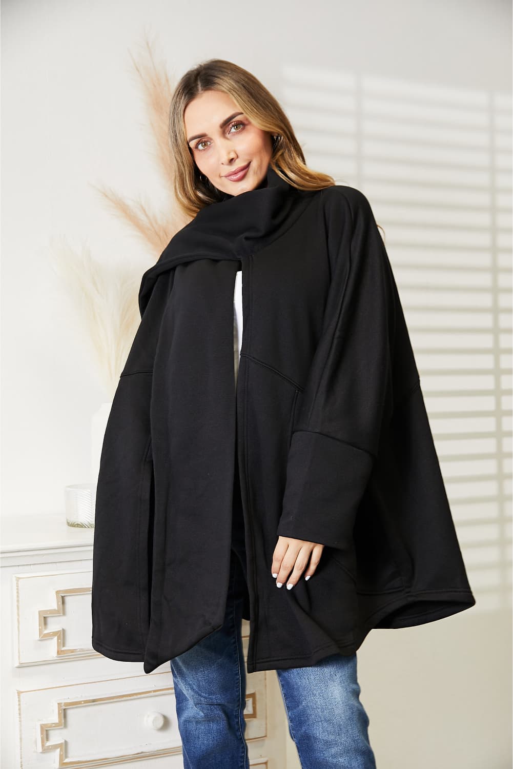 HEYSON Full Size Open Front Black Cardigan with Scarf Design