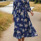 Printed Notched Lantern Sleeve Midi Dress