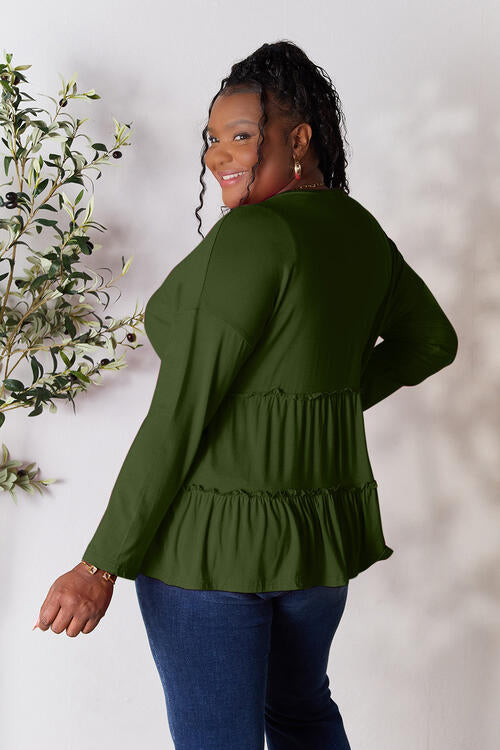 Double Take Half Button Long Sleeve Ruffle Hem Blouse *