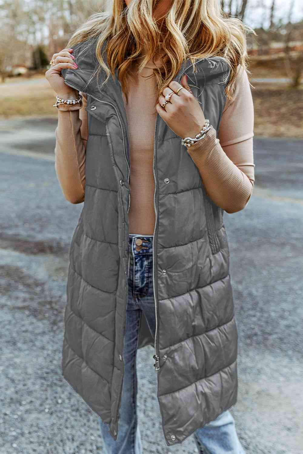 Full Size Longline Hooded Sleeveless Puffer Vest