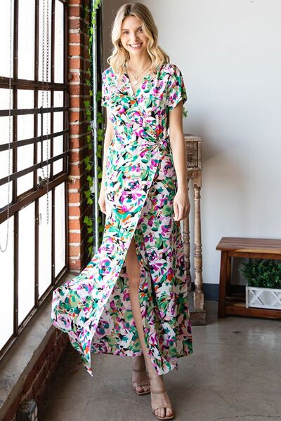 First Love Slit Printed Surplice Tie Waist Short Sleeve Dress *
