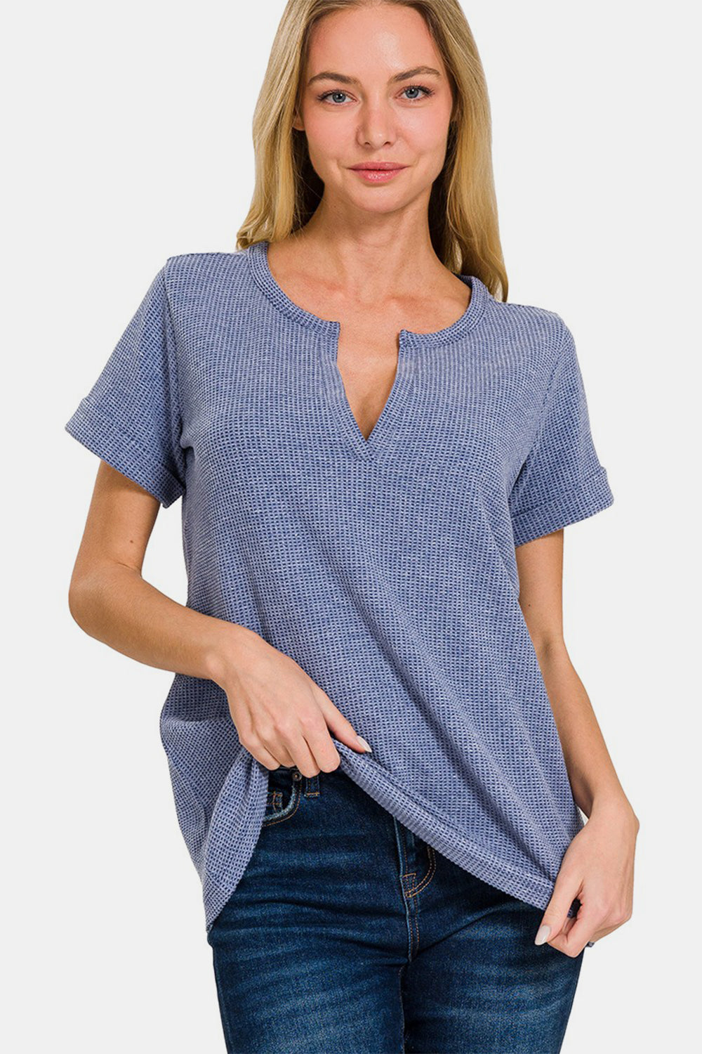 Zenana Notched Short Sleeve Waffle T-Shirt - Brand Zenana *