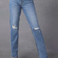 Distressed Raw Hem Straight Jeans with Pockets