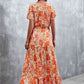 Full Size Floral Buttoned Drawstring Waist Tiered Dress