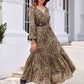 Printed Tie Neck Ruffle Hem Long Sleeve Dress