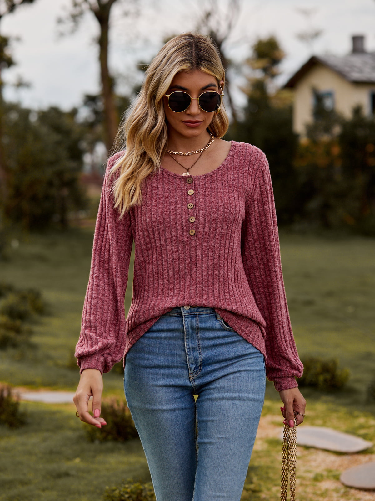 Full Size Round Neck Button-Down Long Sleeve Tee