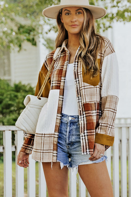 Women's Full Size Plaid Color Block Dropped Shoulder Shacket