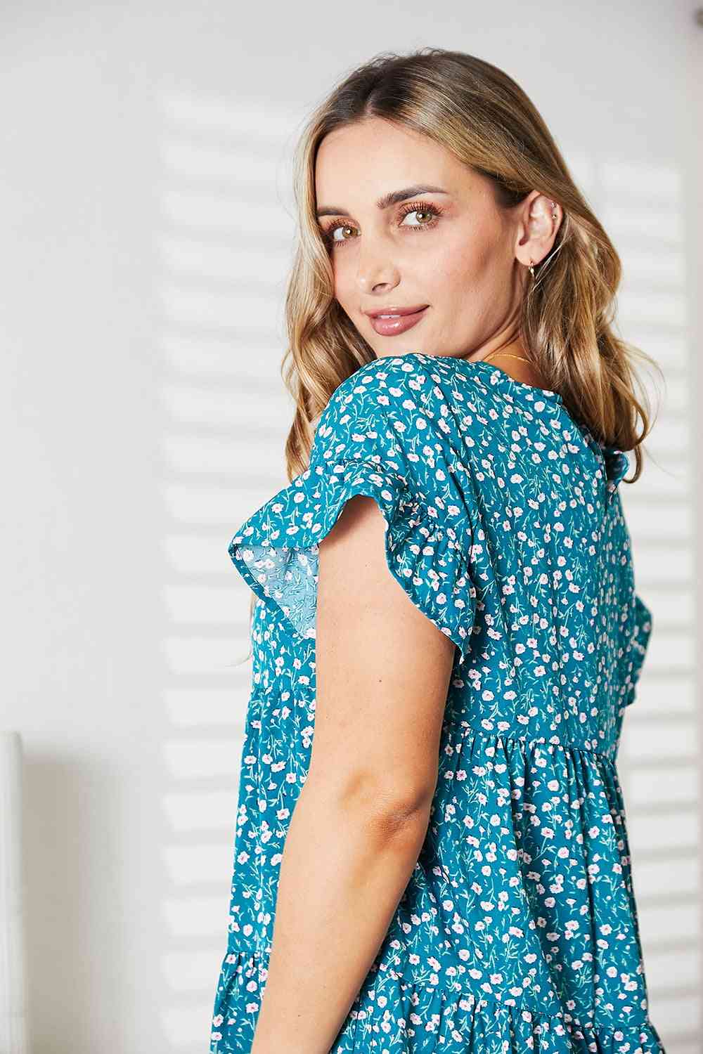 Double Take Short Flounce Sleeve Tiered Dress *