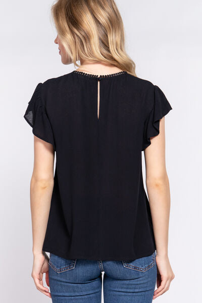 ACTIVE BASIC Ruffle Short Sleeve Crochet Blouse *