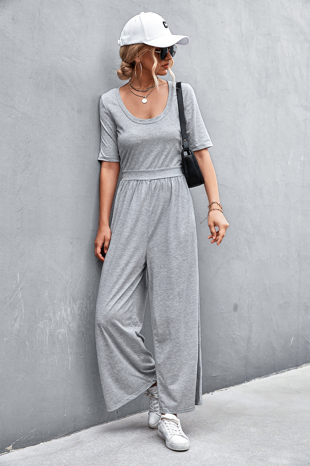 Women's Scoop Neck Half Sleeve Wide Leg Jumpsuit