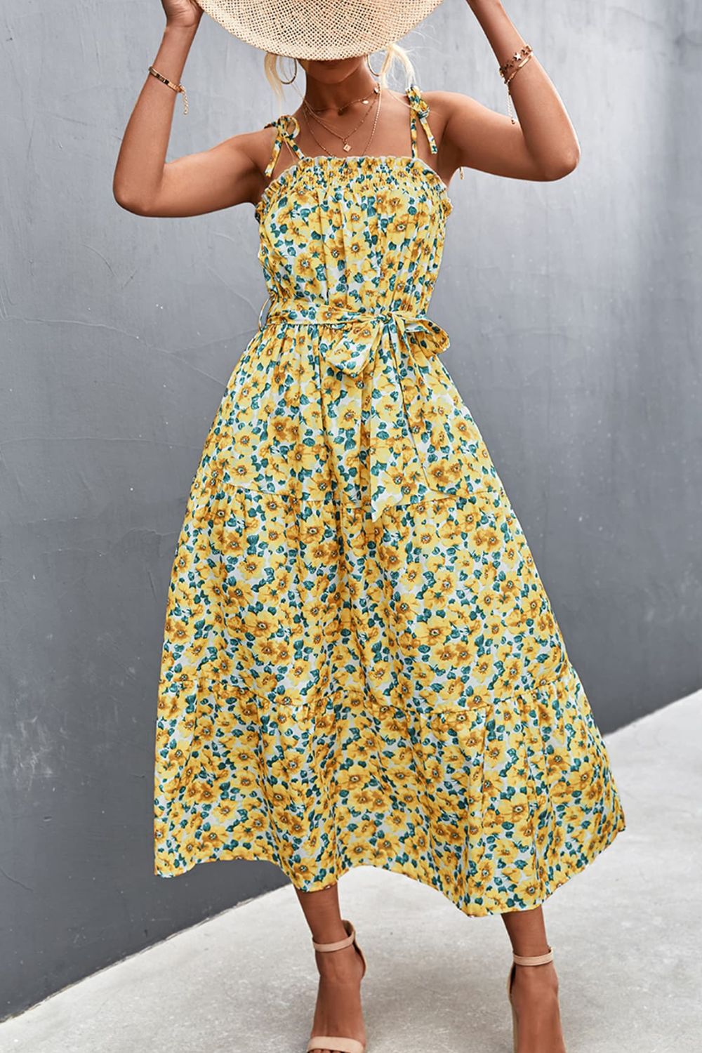 Women's Floral Tie-Shoulder Belted Dress