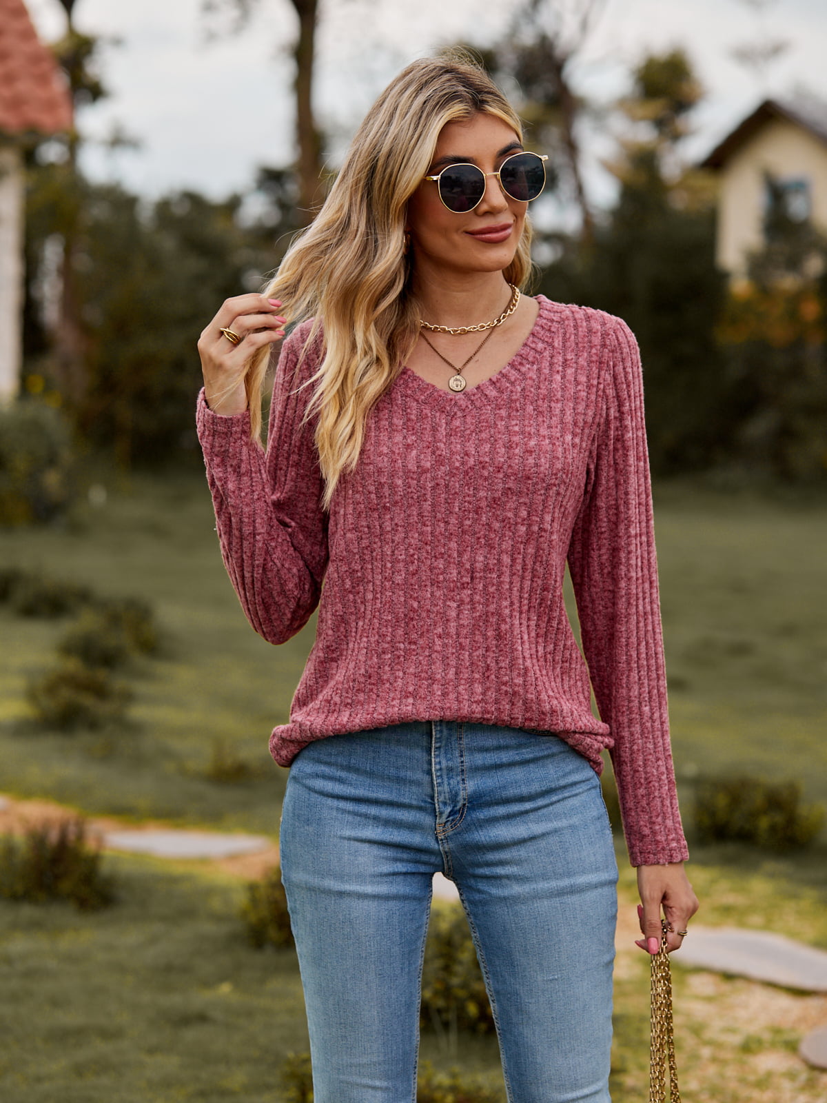 Full Size Ribbed V-Neck Long Sleeve Tee