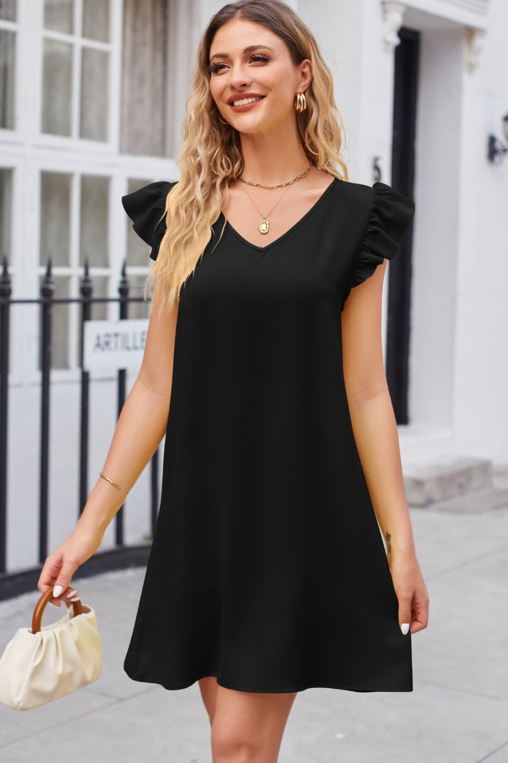 Full Size Ruffled V-Neck Flutter Sleeve Dress