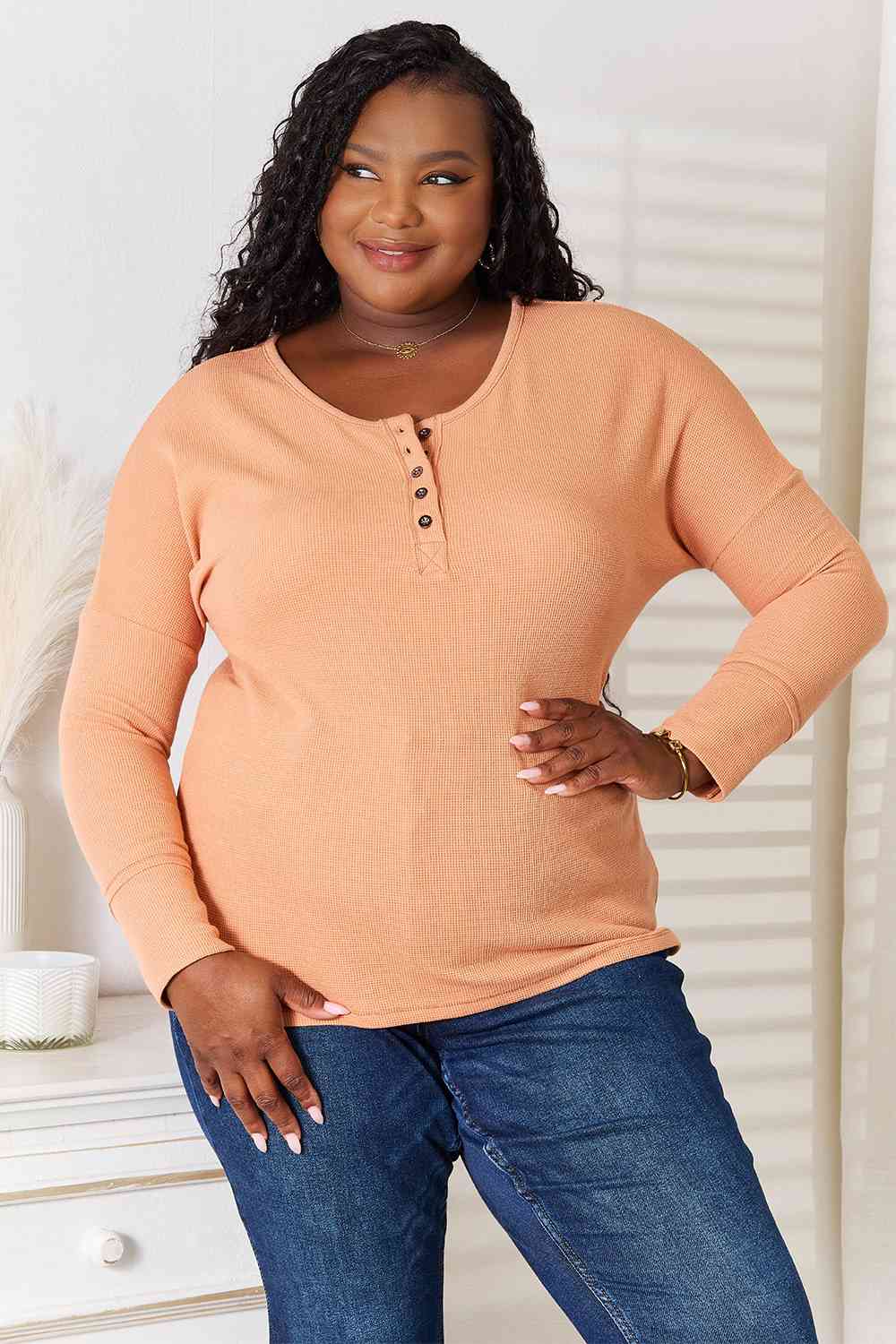 Basic Bae Half Button Long Sleeve Top *