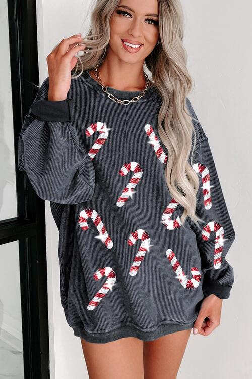 Christmas Themed Sequin Candy Cane Round Neck Sweatshirt