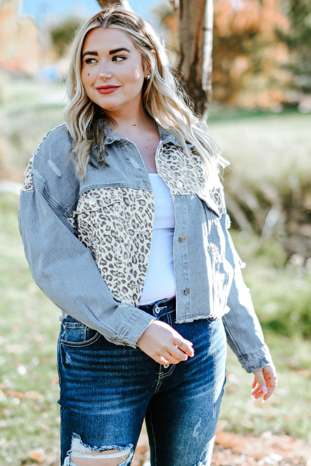 Women's Plus Size Leopard Raw Hem Distressed Spliced Denim Jacket