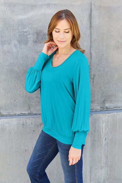 Basic Bae Full Size V-Neck Lantern Sleeve Blouse *